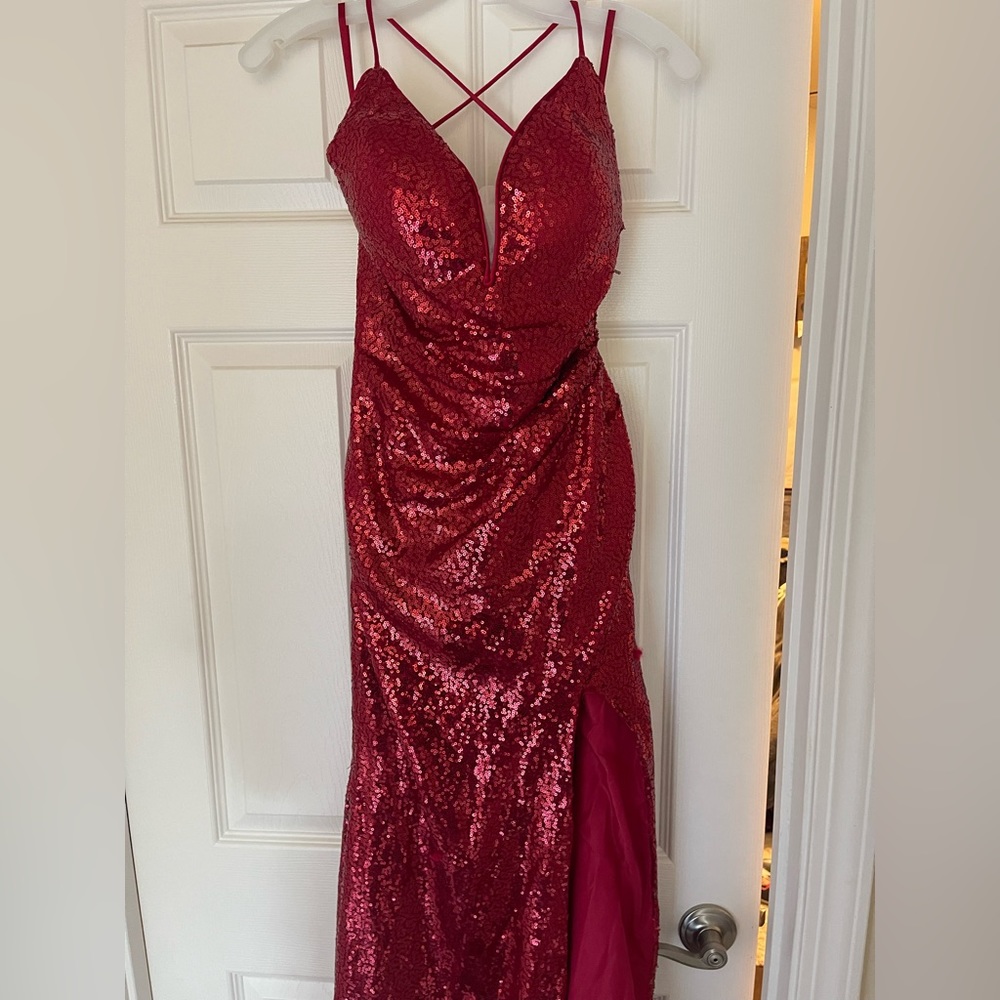 Red sequence prom dress / special event dress with high slit (never worn)